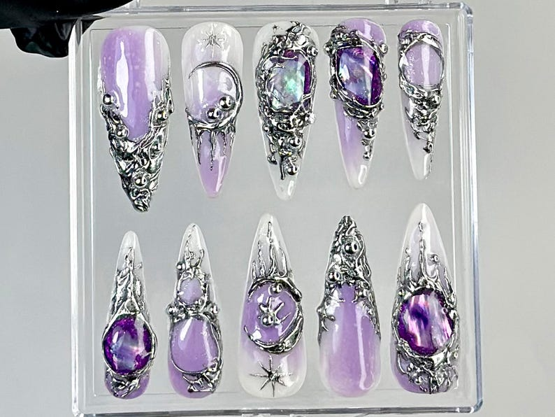 Gothic Purple Press On Nails Dark Glam Fake Nails Silver and Purple Nail Art 3D Gothic Purple Fake Nails Gothic Nails OC737YC