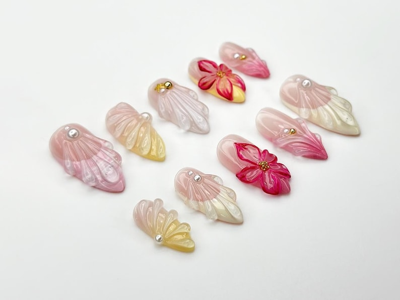 Jelly Flower Press On Nails 3D Floral Nails with Pearls and Petal Wings Romantic Pink Gel Nail Set Summer Nails Holiday Nail