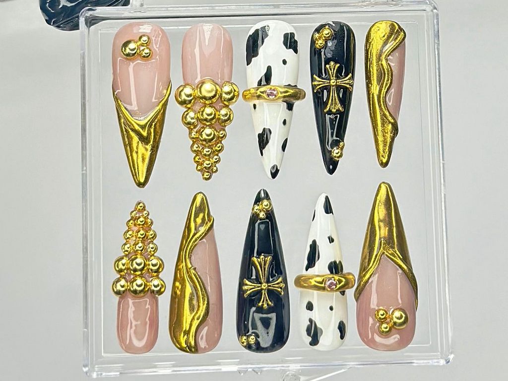 Black & Gold Luxury Press On Nails Bold Cow Print Fake Nails Golden Gothic Nail Art Glam Cow Print, Cross Design Press Ons