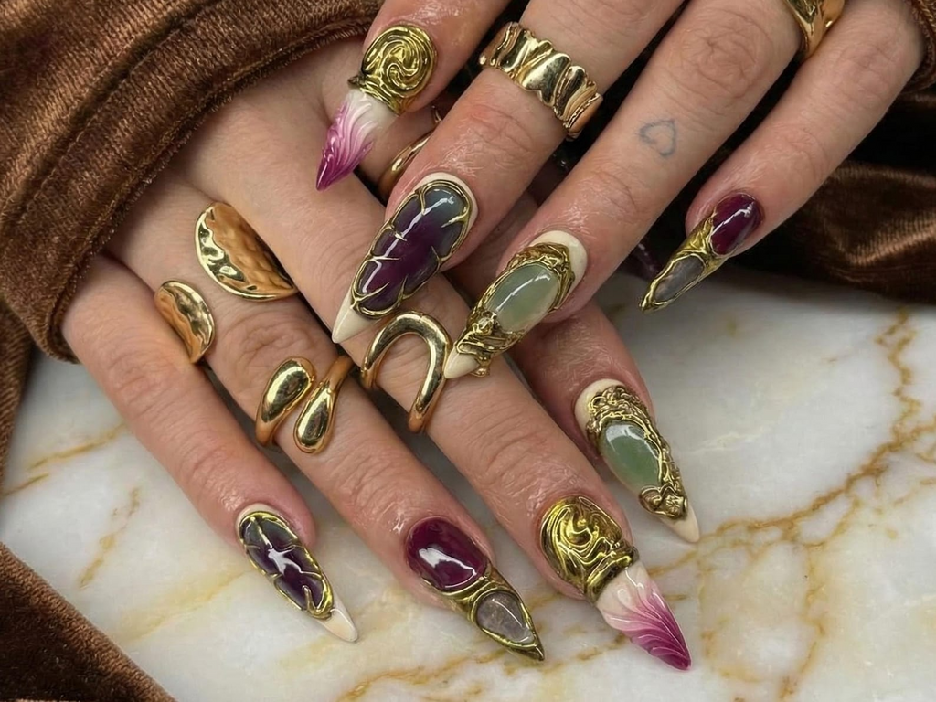Gothic Garnet Gold Press On Nails Frech Tips Gold Couture Nail Art Burgundy Jade Statement Nails Handmade Luxury Stiletto Set