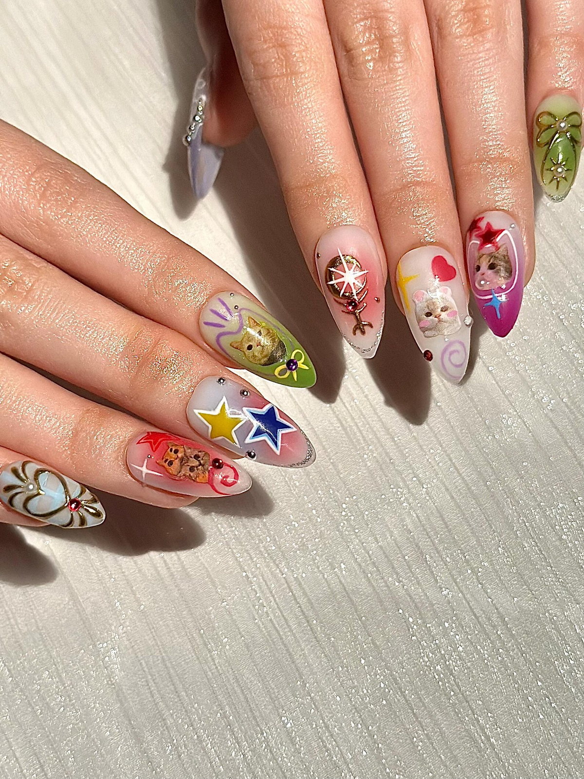 Kawaii Cat Press On Nails Y2K Cute Kitty Nails Colorful Nails Harajuku Pop Nail Art