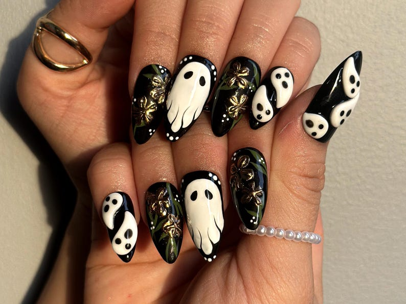 Midnight Ghost Garden Press On Nails, 3D White Ghost Nail Art, Black & Gold Floral