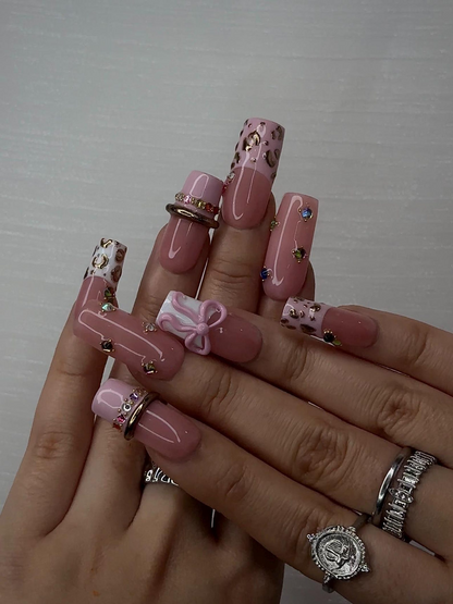 Blush Pink Leopard Press On Nails for Luxury Nail Lovers Nude Pink Nails with 3D Bow