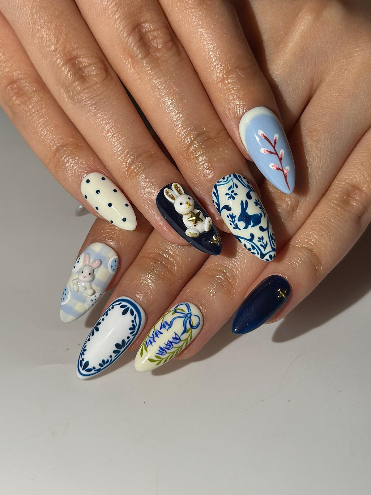 Easter Bunny Blue Press On Nails 3D Rabbit Nail Art Delft Blue Floral Nails Cute Spring