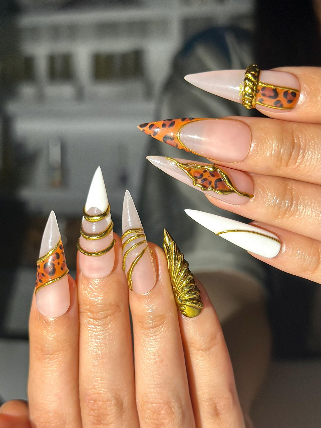 Gold Leopard Luxury Press On Nails 3D Metallic Chrome Nails Animal Print Stiletto Glam