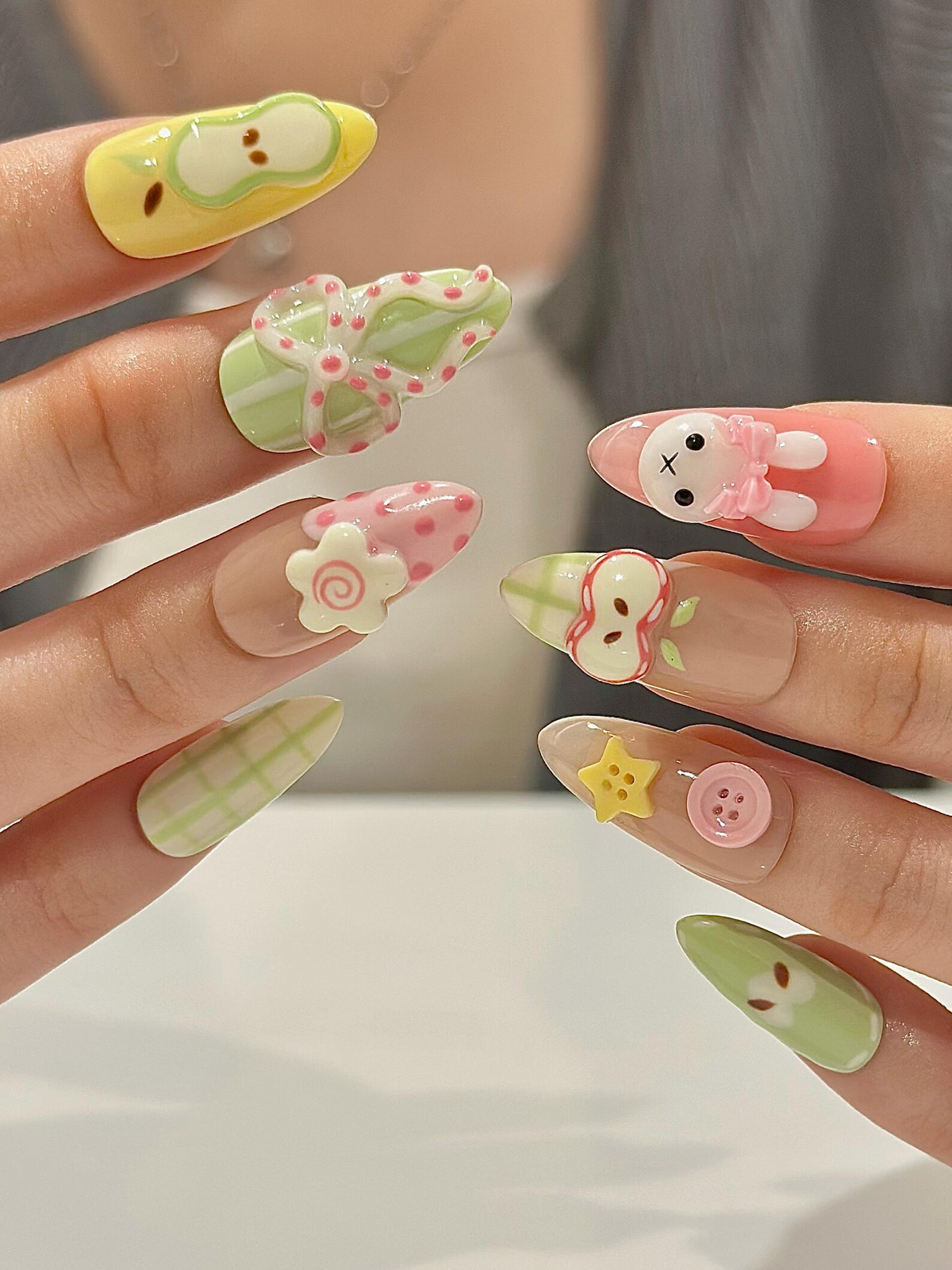 Kawaii Bunny Easter Press On Nails, Pastel Green and Pink Plaid Nails, Colorful Pastel