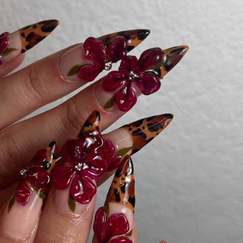 Tropical Orchid Fall Press On Nails Handmade Floral Nail Art Elegant Floral Press OnsElegant Orchid Nail| Leopard Print Nails