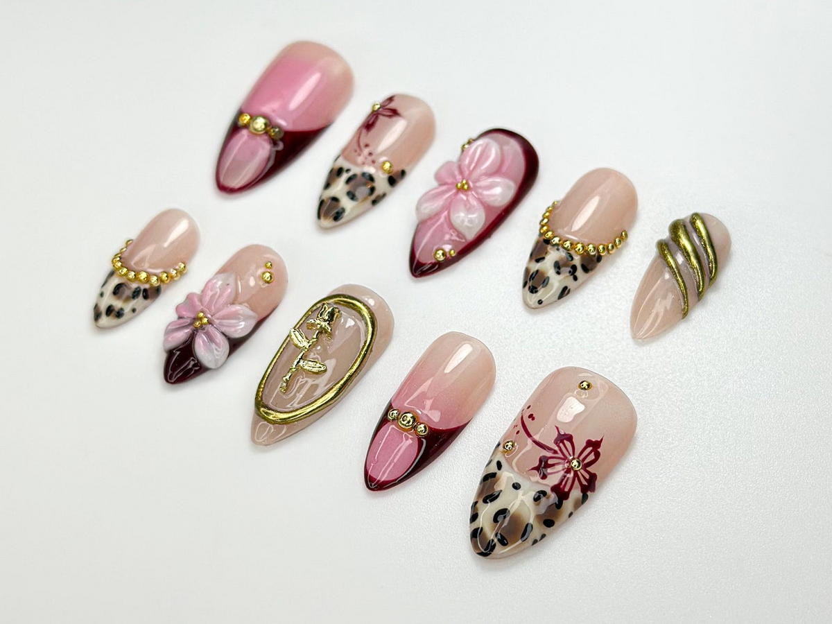 Pink Leopard Glam Press On Nails 3D Floral & Cheetah Print Nails Burgundy Gold Accent Nail Set Handmade Art Press Ons OC102HC