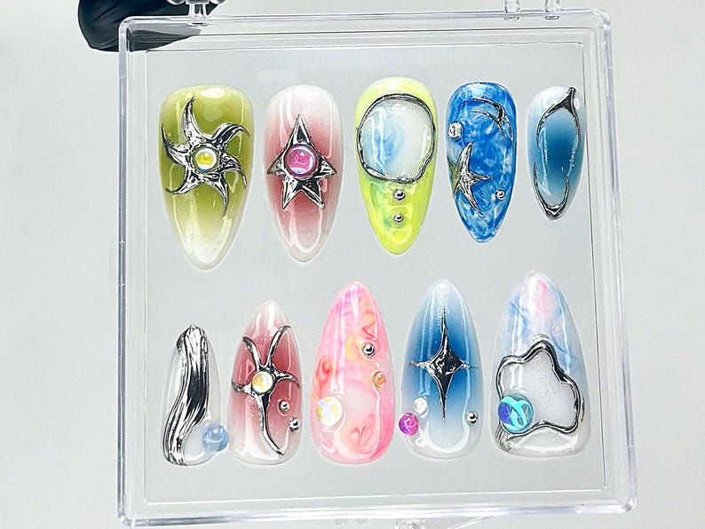 Iridescent Galaxy Press On Nails Space Theme Fake Nails 3D Celestial Nail Art Shimmer Galaxy Press Ons Starry Sky Press Ons