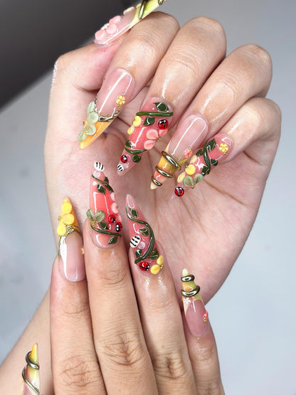 3D Ladybug Floral Press On Nails, Metallic Vines Enchanted Garden Set