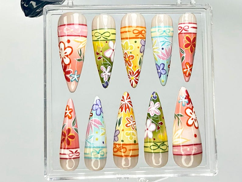 Kimono-Inspired Press On Nails Japanese Floral Fake Nails Japanese Kimono Nail Art Traditional Bright Floral Press Ons