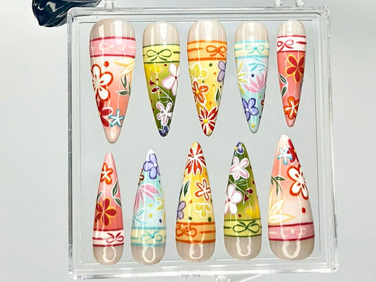 Kimono-Inspired Press On Nails Japanese Floral Fake Nails Japanese Kimono Nail Art Traditional Bright Floral Press Ons