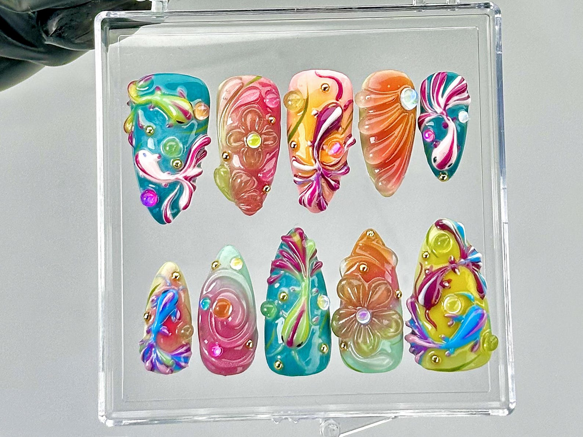 Colorful 3D Press On Nails by Dorynail Swirl Rainbow Fake Nails Swirly Neon Nail ArtMulticolor 3D Nail ArtPsychedelic Nails|OB796YC