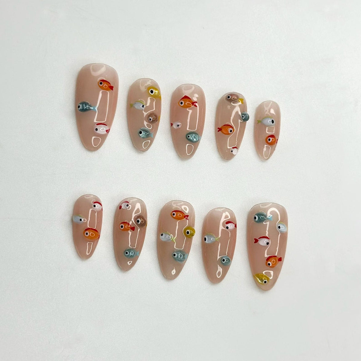 3D Fish Press On Nails, Cute Aquarium Almond Nails, Handpainted Ocean Jelly Fake Nails