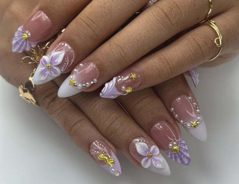 Lavender Ocean Bloom Press On Nails 3D Seashell & Seahorse Nail Art Purple Floral Mermaidcore Tips Long Glossy Set