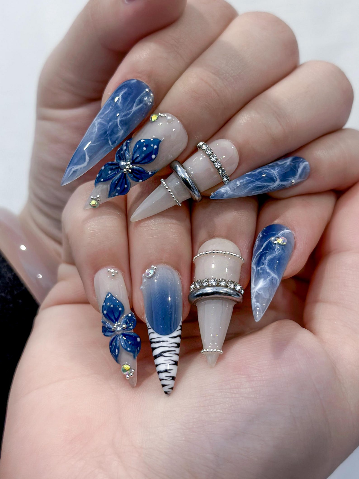 Blue Marble Blossom Press On Nails for Spring Blue Handmade Nude & Sapphire Nails with