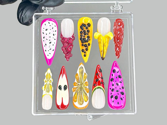 Tropical Fruit Press On Nails Dragonfruit & Banana Nail Art Colorful Fruit Press Ons Kawaii Fruit Fake nails Summer Nails