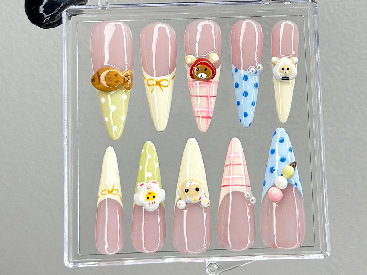 Cute 3D Cartoon Press On Nails Pastel Kawaii Nail Art 3D Bear Picnic Press Ons Gingham Pastel Fake nailsAnimal Kawaii Nails