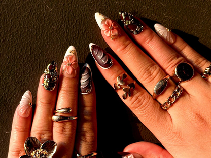Mystic Bloom Luxury Press On Nails Metallic Floral Accent Nails Purple Gradient & 3D Flower Design Elegant Gothic Nail Art