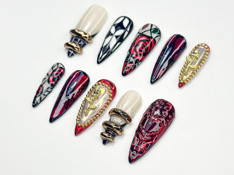 Gothic Rose Heart Press On Nails 3D Black Red Gold Nails Handmade Gothic Vampire Glam Nail Set Black Stiletto Press Ons OB775HC