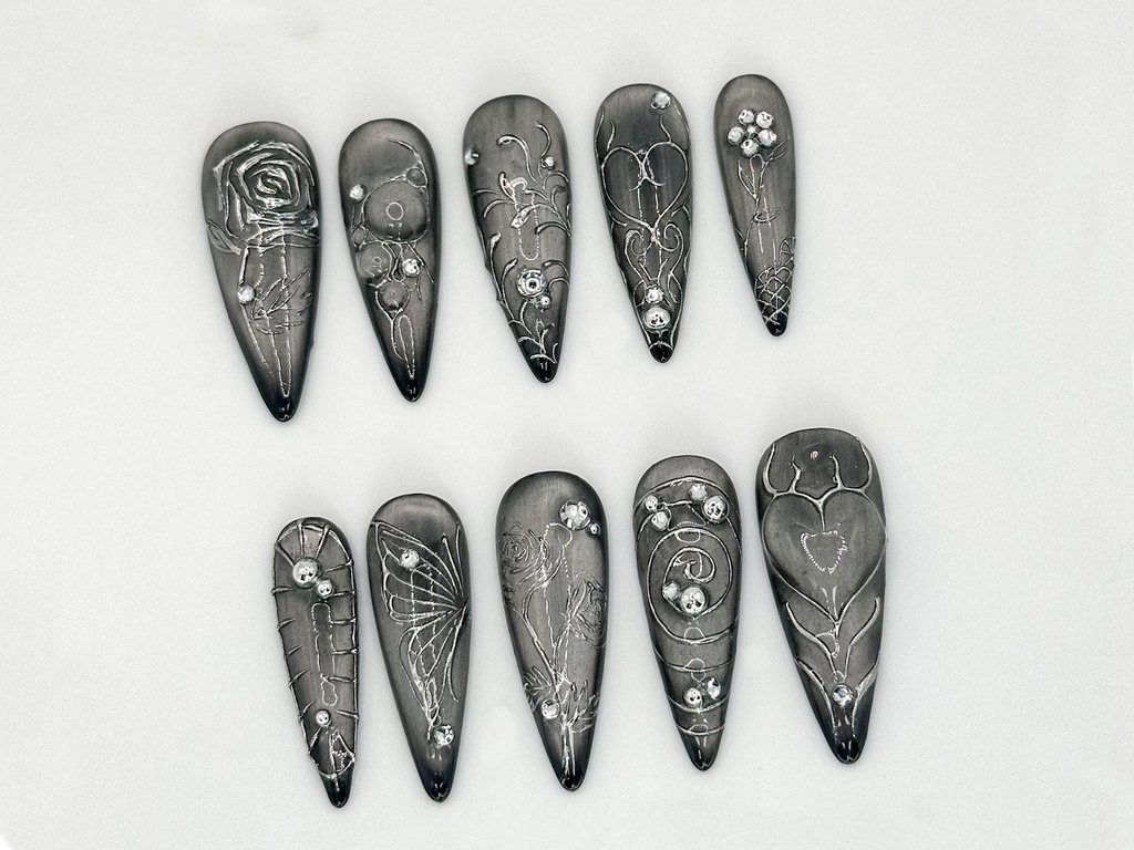 Elegant Silver Gothic Press-On Nails Intricate Butterfly and Rose Silver Nails Luxury Silver Gothic Butterfly & Rose Design