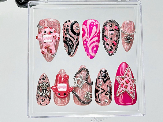 Cute Monster 3D Press On Nails Pink Glitter Punk Fake Nails Hot Pink Y2K Nail ArtIndie Star Punk Kawaii NailsAlt Star ChainOB929YC