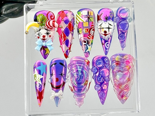 Carnival Clown Press On Nails by DoryNails 3D Swirl & Mask Fake Nails Harlequin 3D Nail Art Bold Clowncore Acrylic Nails