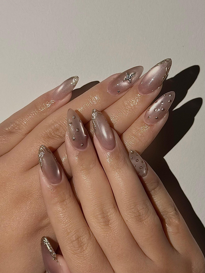 Luxury Cat Eye Press On Nails, Luxury Gold Foil Trim Fake Nails, Elegant Nude Shimmer