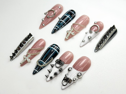 Punk Cross Chain Press On Nails Gothic Plaid Nail Art Spiked Pierced Punk Nails Black White Silver Press Ons Edgy Nail Set OC864HK