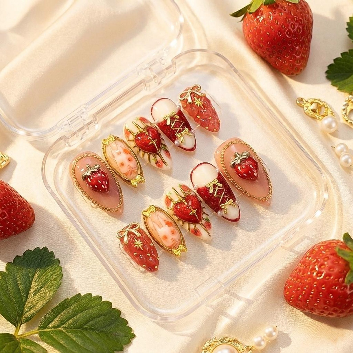 Gothic Strawberry Press On Nails Red Heart Cross Nail Art Luxury Handmade Press Ons Statement Nails