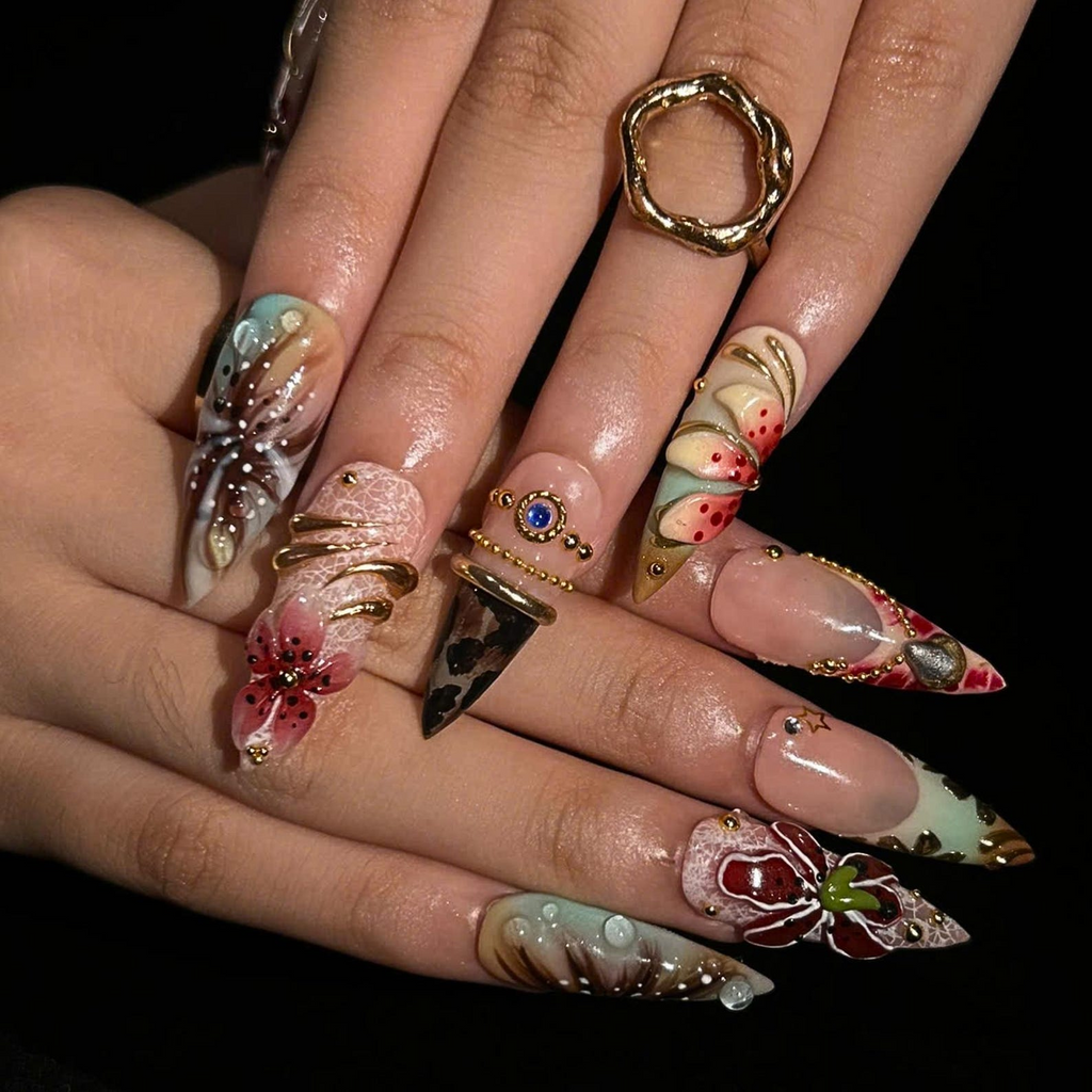 Luxury Floral Press On Nails, Burgundy Gold Nails, 3D Flower Nail Set, Vintage Glam