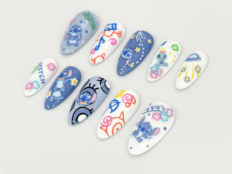 Cute Stitch Cartoon Press-On Nails Fun Space and Floral Details Fun and Colorful Stitch Nail Art For Cartoon Lovers OC610HC