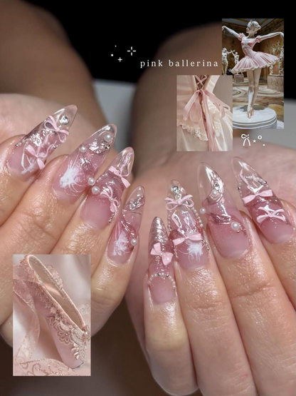 Pink Ballerina Press On Nails for Girls – Soft Blush Ombre Stiletto Nails with Pearls &