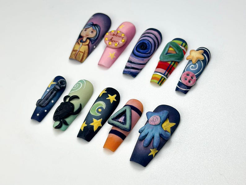 Creepy Cute Cartoon Press On Nails Handmade 3D Starry Night Nails Halloween Nail Art Unique Spooky Nail Set