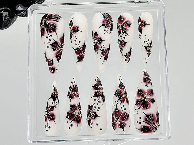 Black Red Flower Press On NailsGothic Floral Fantasy Nail ArtHandmade Dark Nails