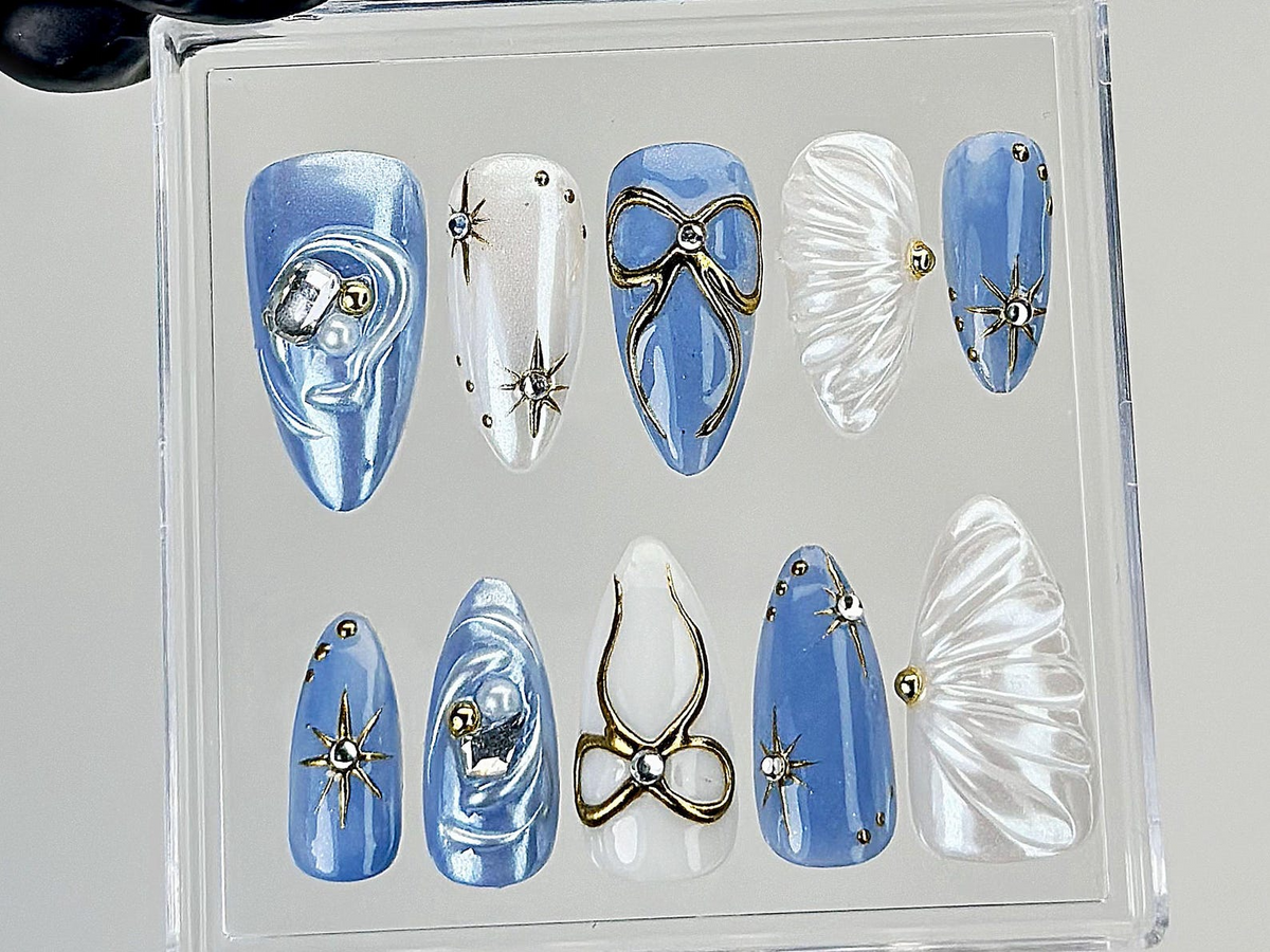 Blue Pearl Star Press On Nails 3D Bow & Star Design Fake Nails 3D Bow Star Nail Art Handmade Artistic Press OnsLuxury Nails