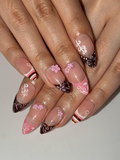 Pink Brown Floral Press On Nails Cute Pink Nail Art Sweet Dessert Inspired Nails 3D Flower