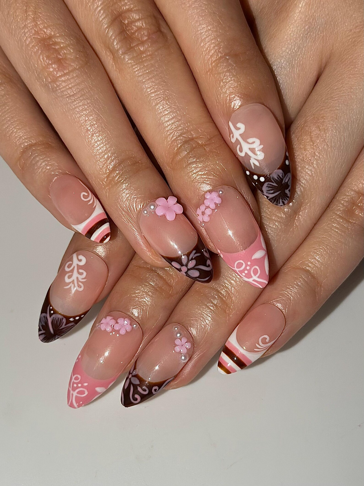 Pink Brown Floral Press On Nails Cute Pink Nail Art Sweet Dessert Inspired Nails 3D Flower