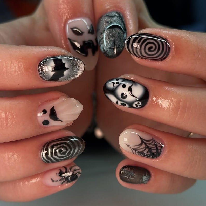 Press on nails for halloween| Black White Gothic Halloween Nails 3D Ghost & Spider Design Spooky Night Nail Art