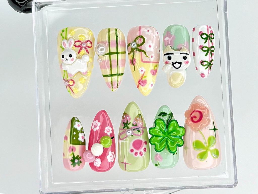 Kawaii Cute Press On Nails by DoryNails Pastel Bunny Clover 3D Press Ons Sakura Bunny Fake Nails Kawaii Spring Nail Art OB827YC