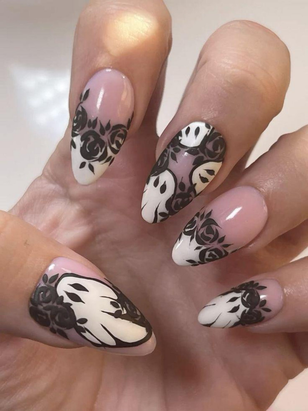 Ghost & Roses Halloween Press On Nails Black Lace Rose Nail Art White Halloween Nails Handmade Spooky Glam Press Ons