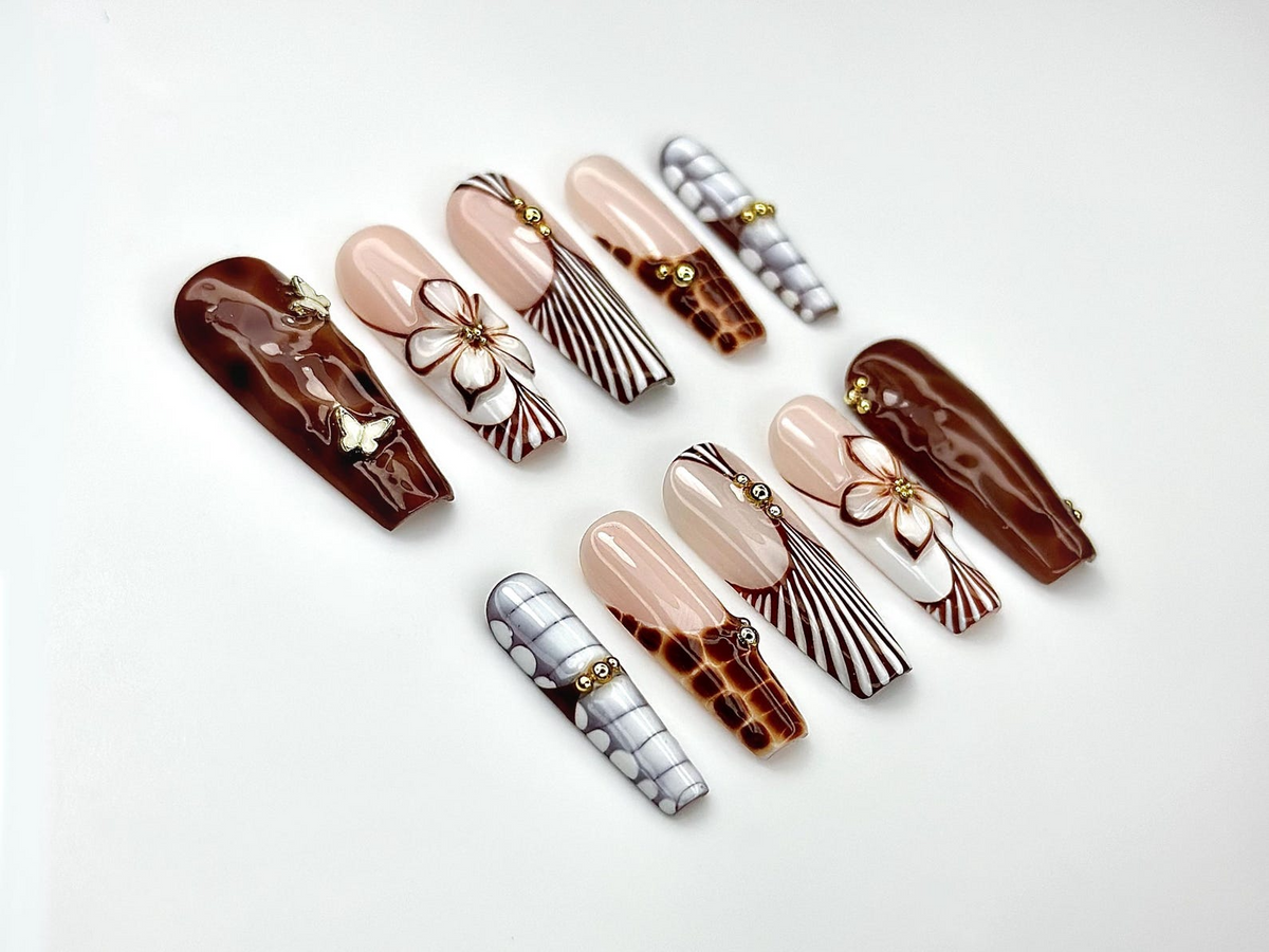 Caramel Elegance Press On Nails Brown Marble 3D Flower Nails Butterfly Accent & Luxe Stripe Design Fall Long Gel Nails