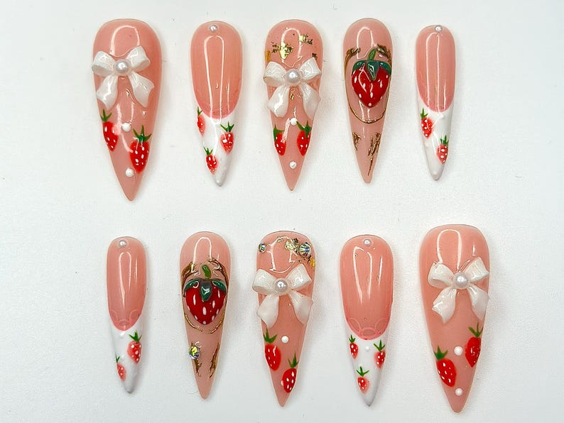 Cute Strawberry Bow Press On Nails Pink French Tip Nails Cute 3D Kawaii Nail Art Handmade Luxury Press Ons