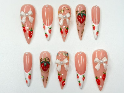 Cute Strawberry Bow Press On Nails Pink French Tip Nails Cute 3D Kawaii Nail Art Handmade Luxury Press Ons