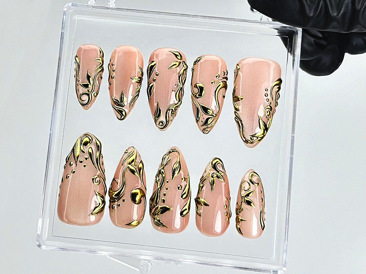 Nude Gold Leaf Press On Nails Elegant Baroque Swirl Fake Nails Metallic Accent Luxury Nail Art Gold Foil Nude Press Ons OB898YC
