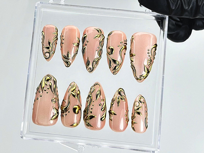 Nude Gold Leaf Press On Nails Elegant Baroque Swirl Fake Nails Metallic Accent Luxury Nail Art Gold Foil Nude Press Ons OB898YC