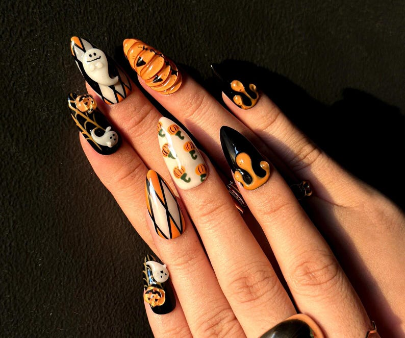 Pumpkin Haunted Night Press On Nails 3D Ghost Pumpkin Nail Art Handmade Halloween Nail