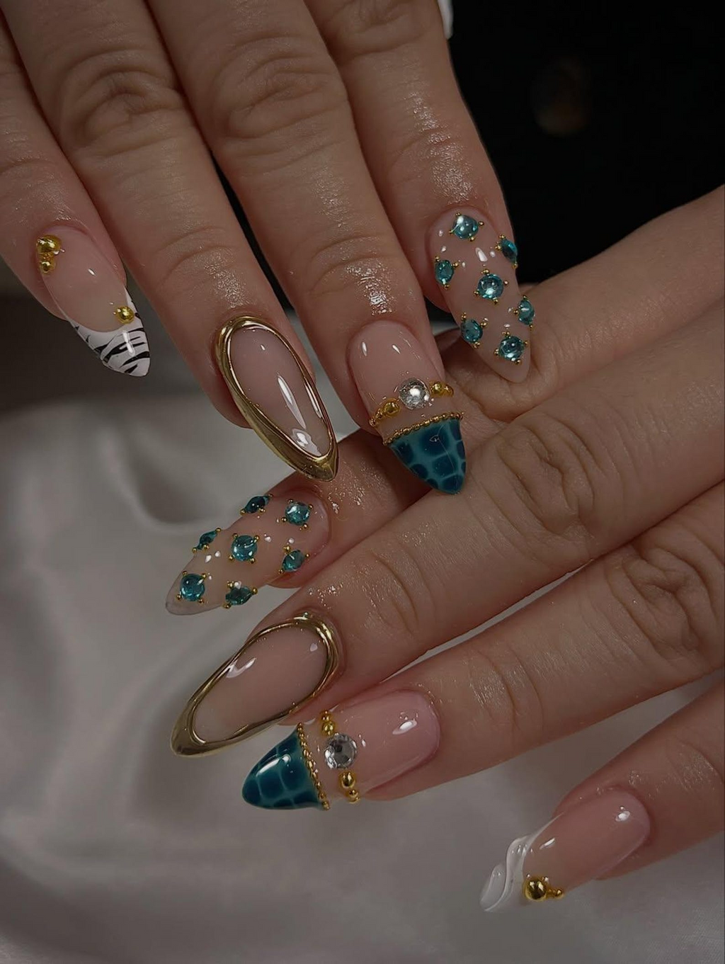 Blue Gem Nude Press On Nails for Luxury Women Modern Gold Press Ons Almond Luxury Nails