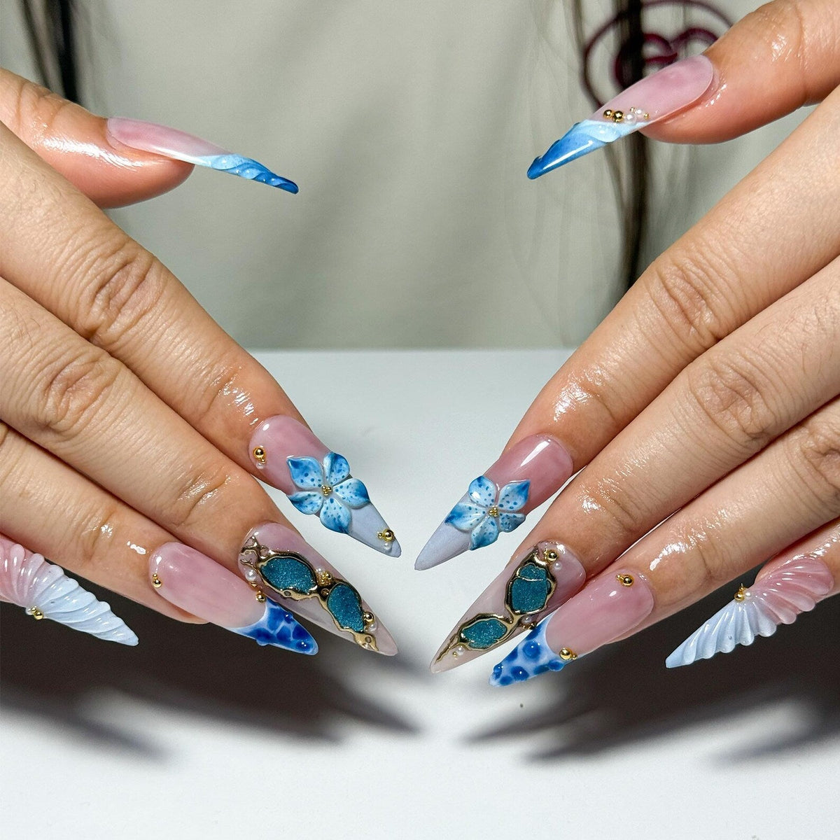 Blue Ocean Press On Nails with 3D Flower and Gold Detail Marble Coastal Nails in Almond