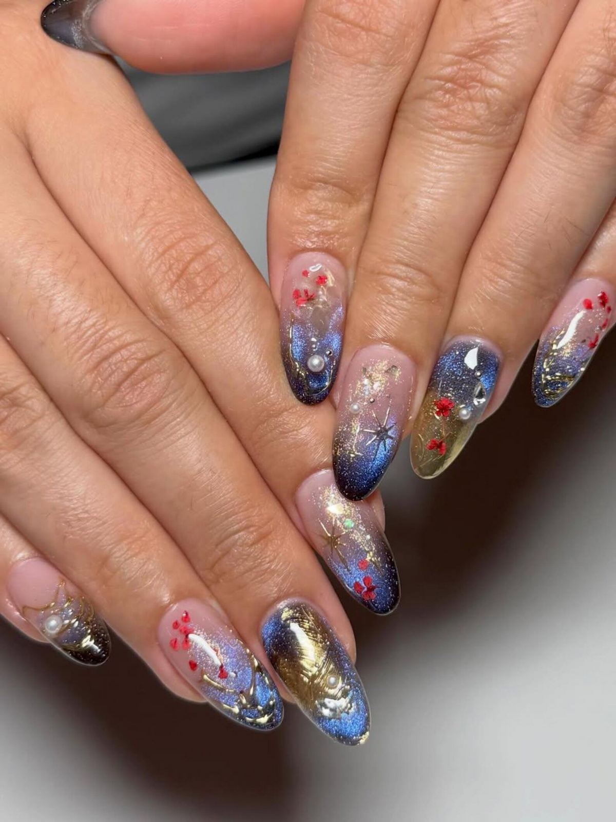 Luxury Navy Gold Press On Nails, Mystic Galaxy Floral Nails, Reusable Stiletto Nail with